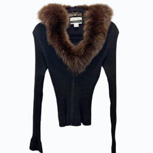 Wayne Rogers Silk Ribbed Cardigan w/ Faux Fur Collar | Black Zip-Up Sweater Sz L